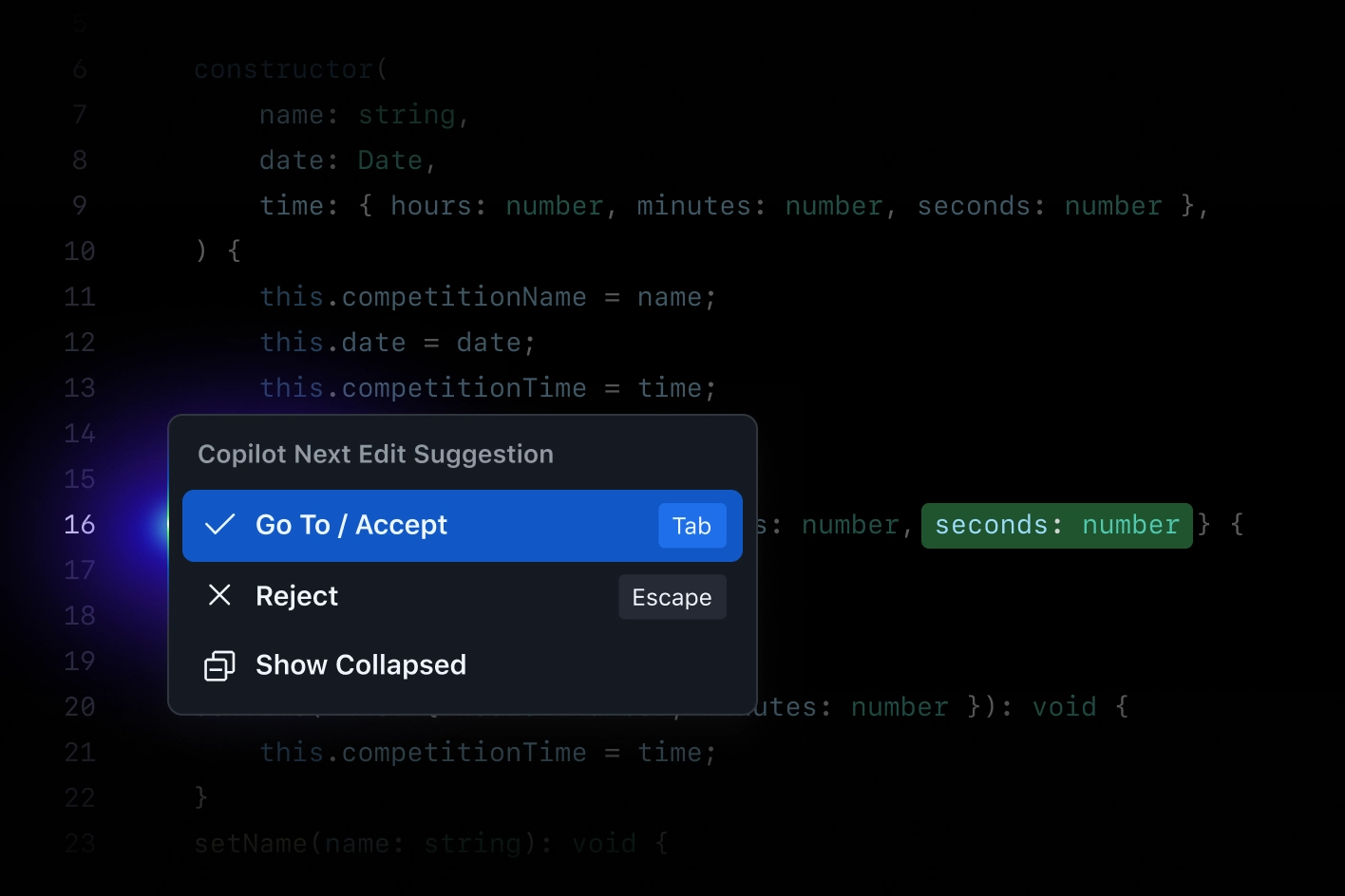 An active Copilot Next Edit Suggestion popover shows next to a highlighted snippet of code in a code editor. The popover lists the following: ‘Go To/Accept (Tab key),’ ‘Reject (Escape key),’ and ‘Show Collapsed.’