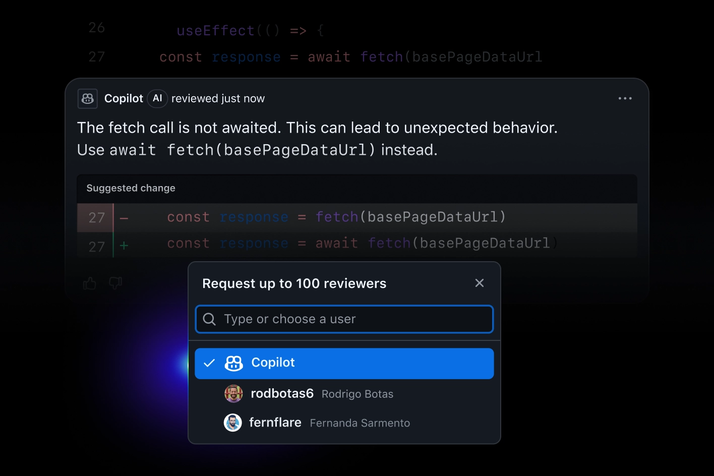GitHub Copilot performing a code review. In an active popover where reviewers can be requested, Copilot is selected.