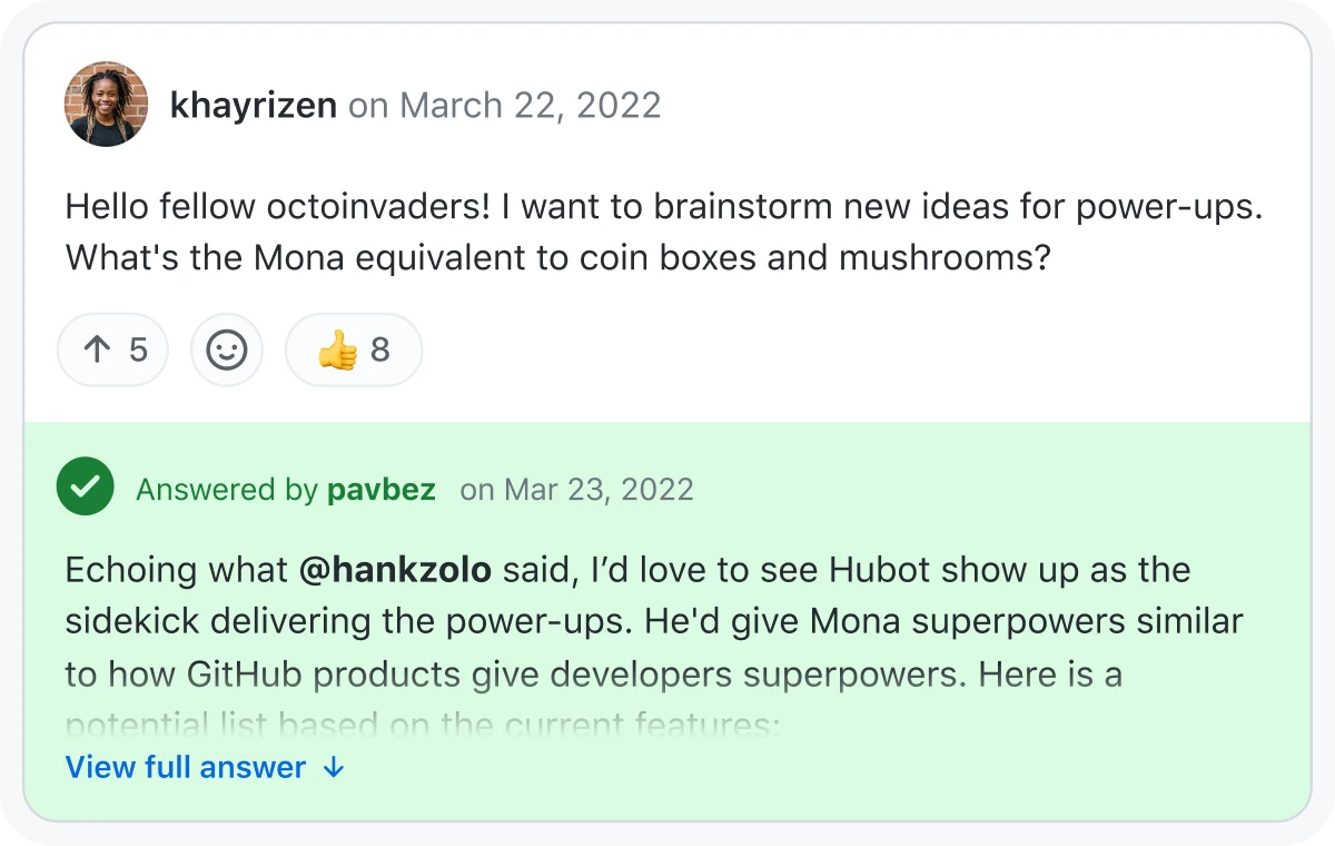 The image is a screenshot of a forum discussion. The first comment, posted by "khayrizen" on March 22, 2022, asks for brainstorming new power-up ideas for a character named Mona. This comment has received 8 thumbs-up reactions and 5 up votes. Below it, "pavbez" responds, suggesting that a character named Hubot could deliver the power-ups, giving Mona superpowers similar to those provided by GitHub. The discussion highlights community engagement with reactions and replies.
