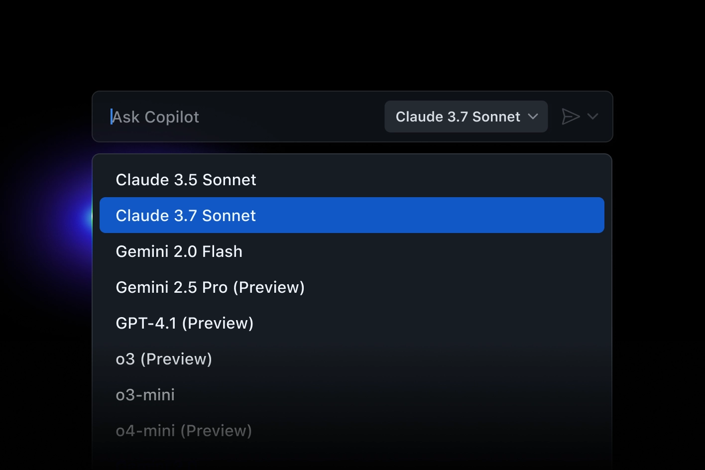 A dropdown menu lists some of GitHub Copilot Chat’s available models like Claude 3.5 Sonnet, Claude 3.7 Sonnet, Gemini 2.0 Flash, Gemini 2.5 Pro (Preview), GPT-4.1 (Preview), o3 (Preview), o3-mini, and o4-mini (Preview).